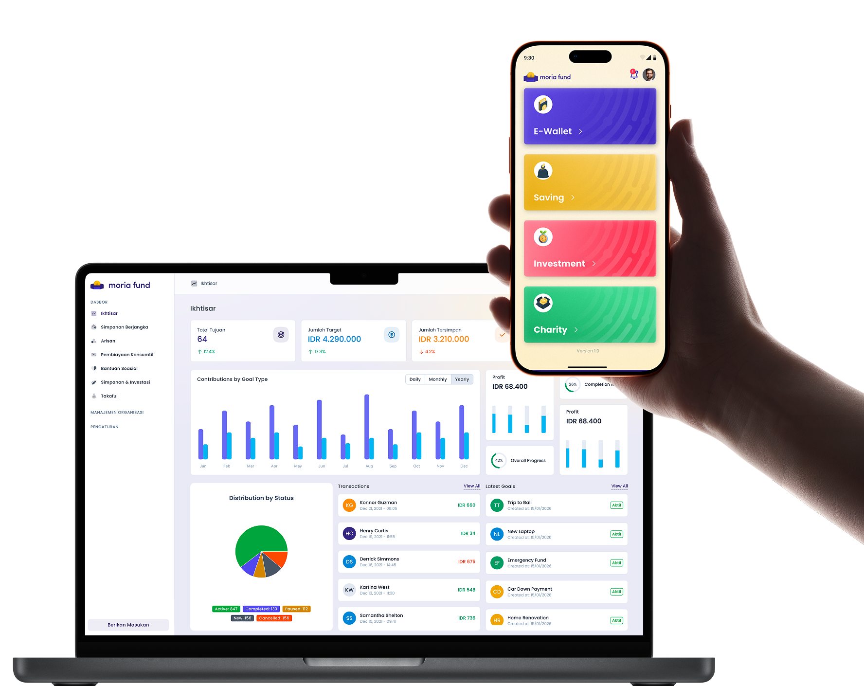 Moria internal financial dashboard on laptop and mobile app
